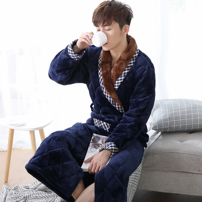 Men's Luxury Blue and Brown Bathrobe'