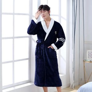 Blue Fleece Bathrobe with White Collar