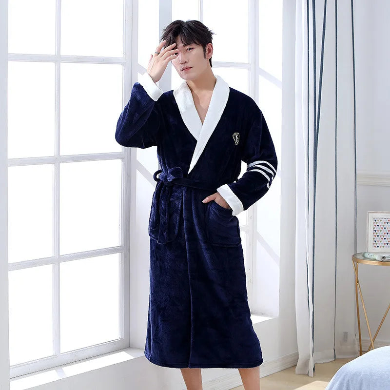 Blue Fleece Bathrobe with White Collar