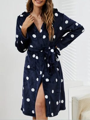 Fluffy Polka-Dot Terry Cloth Robe with Hood