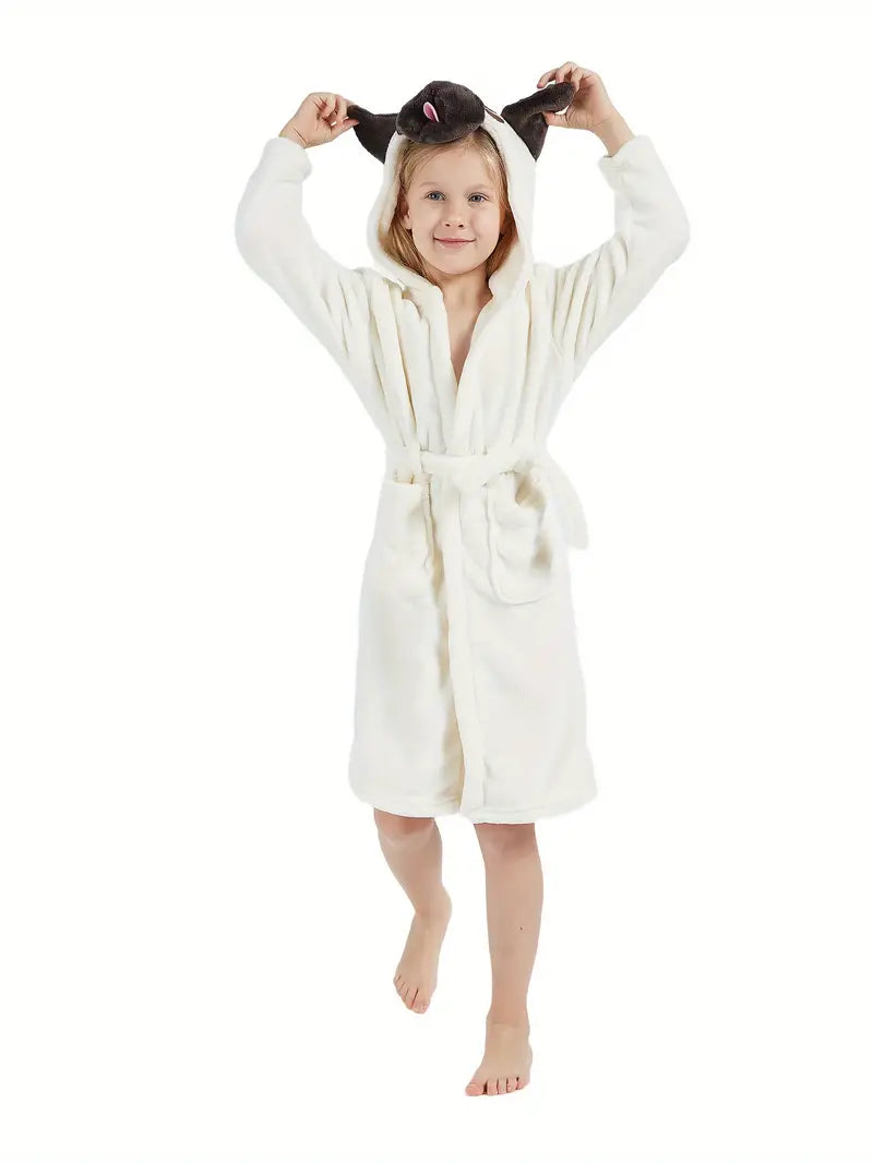 White Fleece Bathrobe for Kids with Animal Pattern - Image 2
