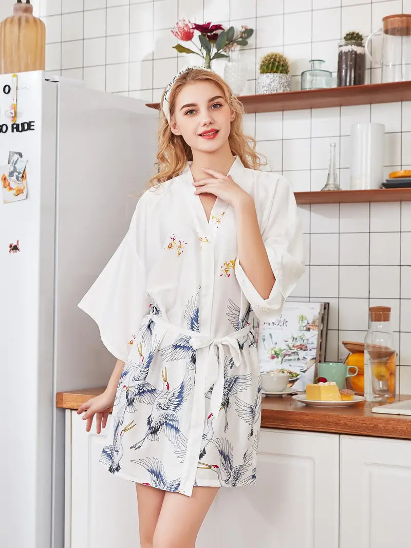 Peignoir Élégante Kimono avec Imprimé Grue - Image 2
