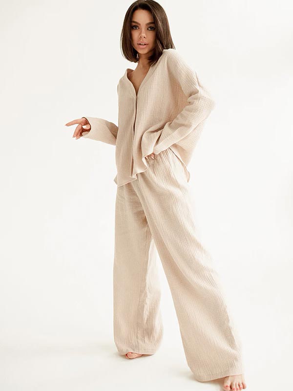 "Cloud of Softness" Beige Cotton Pajamas for Women - Image 2