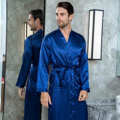 Men's Deep Blue Satin Robe - Image 2