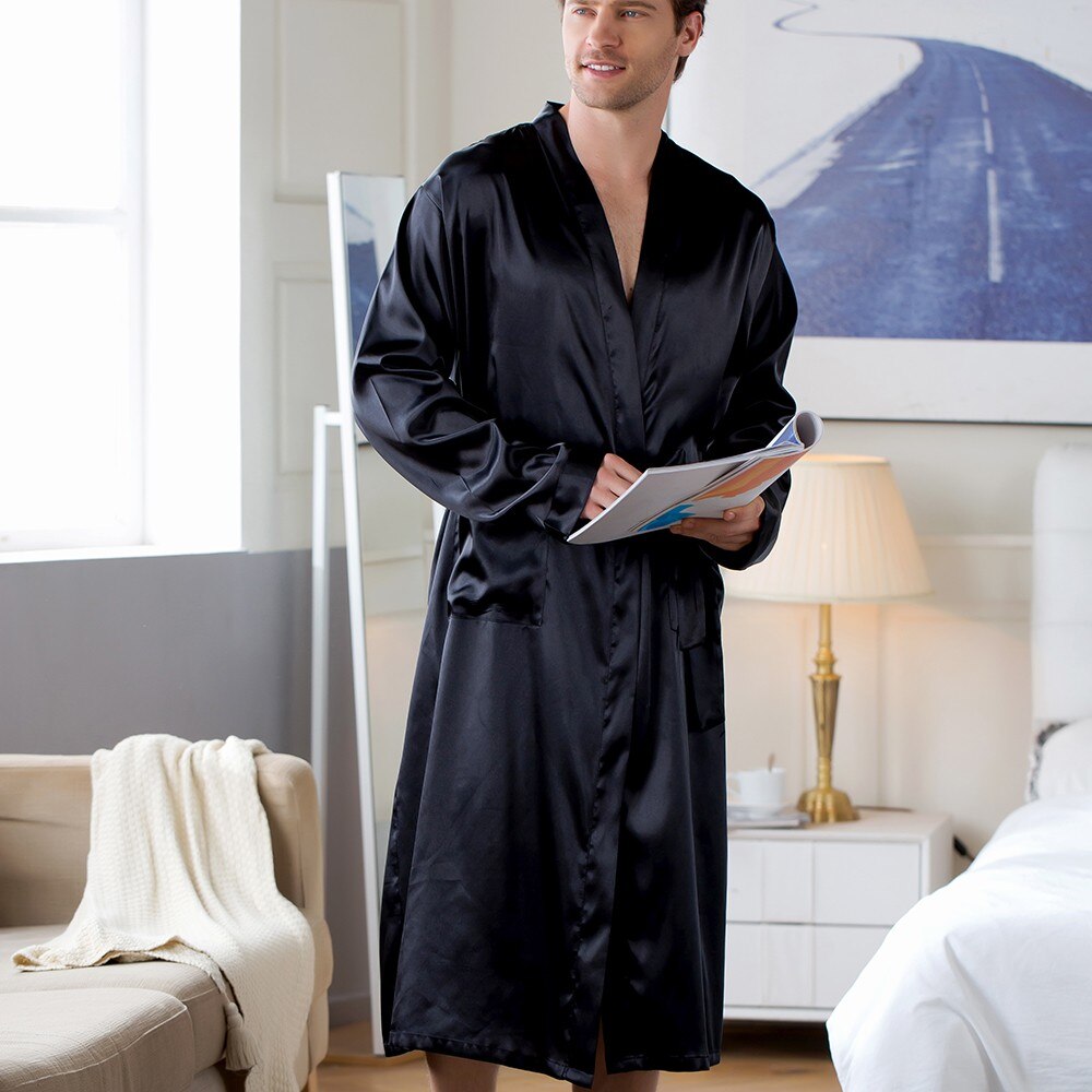 Simple Black Men's Satin Robe - Image 3