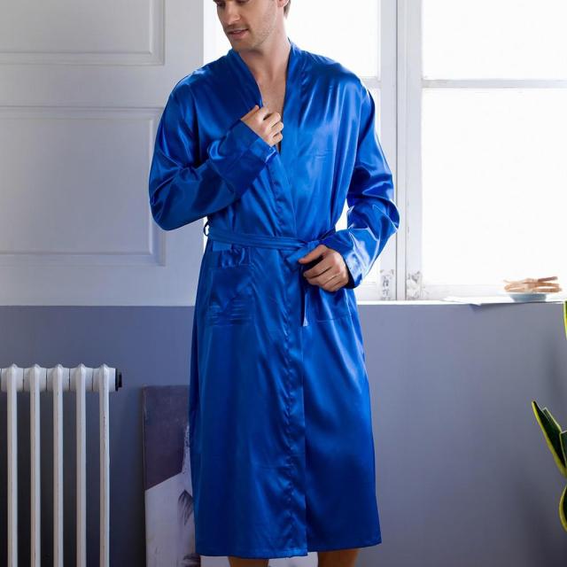 Men's Electric Blue Satin Robe - Image 2