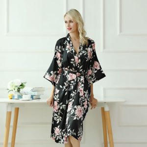 Women's Black Floral Satin Robe