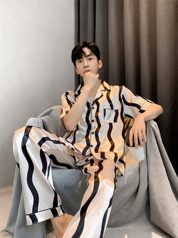 "Night Escape" Men's Silver Satin Summer Pajamas - Image 2