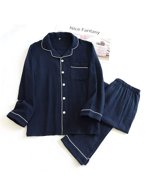 "Morning Mist" Navy Blue Cotton Men's Pajamas - Image 2