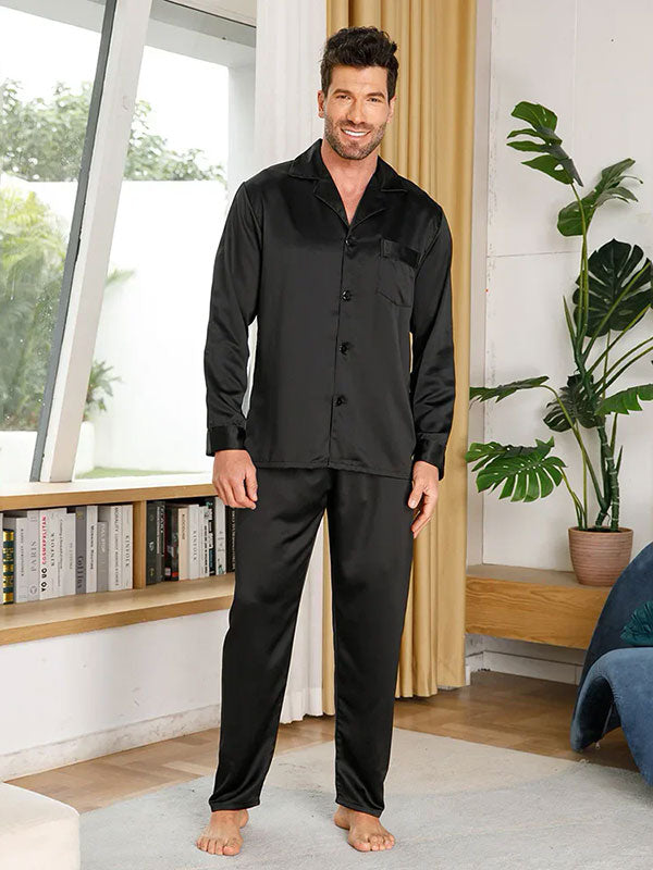"Morning Escape" Men's Black Satin Pajamas - Image 2