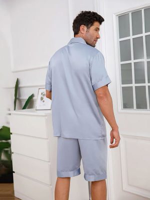"Calme Nocturne" Men's Sky Blue Satin Short Pajamas