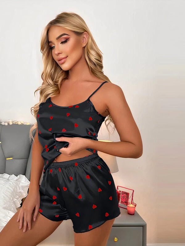 "Dream Embrace" Women's Black Satin Pajamas with Red Hearts - Image 2