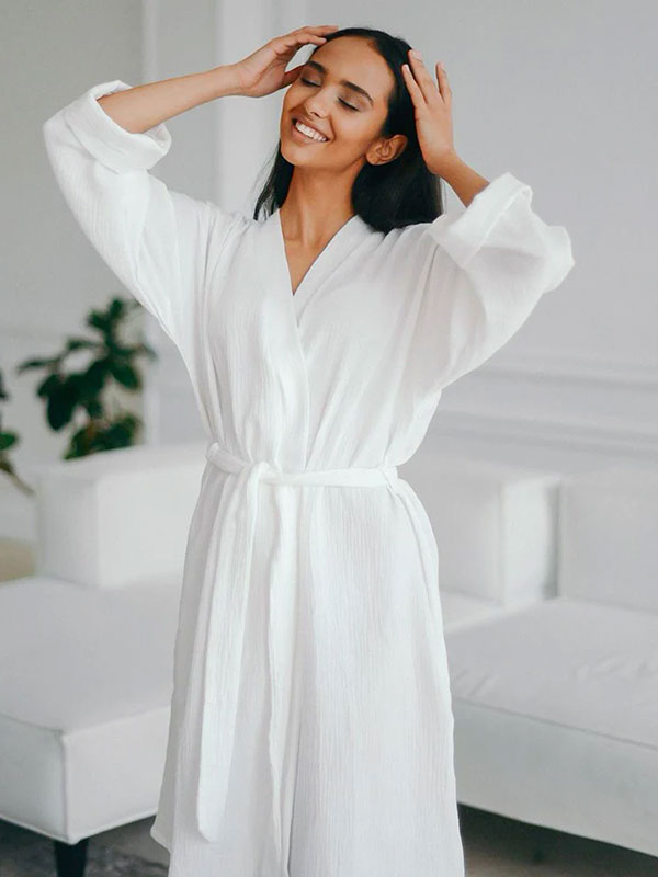 Women's Mid-Length White Cotton Robe – "Cozy Nest" - Image 2