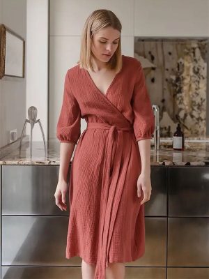 Women's Red Cotton Dressing Gown "Softness Snowflake