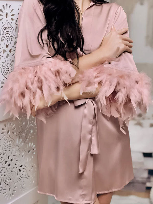 “Satin Snowflake” Elegant Champagne Pink Feather Dress