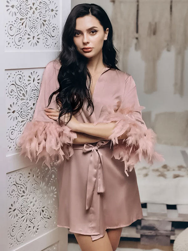 “Satin Snowflake” Elegant Champagne Pink Feather Dress - Image 2