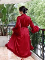 "Satin Awakening" Elegant Fur-Trimmed Dressing Gown