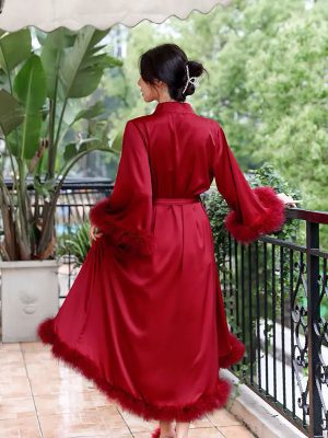 "Satin Awakening" Elegant Fur-Trimmed Dressing Gown