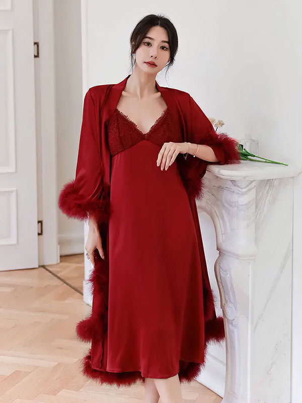 "Satin Awakening" Elegant Fur-Trimmed Dressing Gown - Image 3