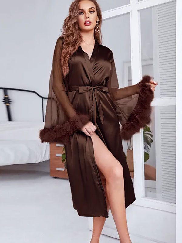 "Satin Mist" Elegant Fur-Trimmed Dressing Gown